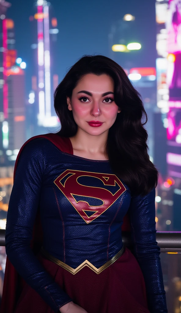 Hania Amir in Supergirl costume, (black hair), HD, remastered, HQ, 4K quality, cyberpunk cityscape, The very sexy Supergirl with her neckline outfit 