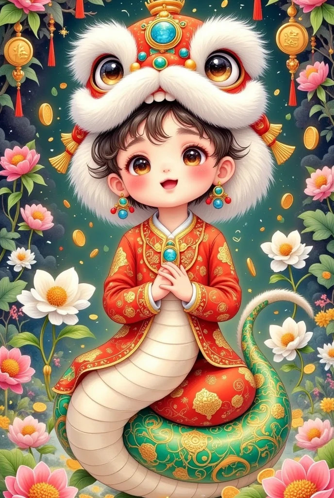 (美丽的男孩头上戴着中国Lion hat特写)，Lion hat， cute faces，Open your arms，Snake Body，A snake tail in the back， Rain of coins in the air。Flowers，