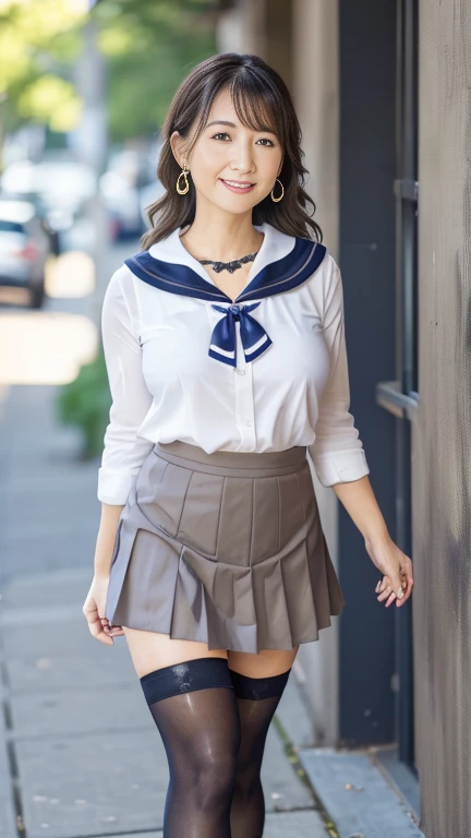 full body shot, from below,  Japanese woman with a viewing angle of,  detailed face , Facial wrinkles, Wrinkles around the eyes, smile,  Detailed Skin Textures ,  white skin,  heavy makeup ,  long hair , (curvy body, saggy breasts,  plump thighs), (earrings,  necklace, school uniform, sailor uniform, sailor collar, sailor collar ribbon,  navy blue pleated mini skirt:1.2), (black thighhighs,  is wearing high heels:1.2), (Standing on the sidewalk,  full body shot from toe to head wearing black high heels:1.2), (surrealism, best quality, ultra detailed, absolutely resolution, 8k, anatomically correct), depth of field, looking at viewer, tachi-e, (kz), (1woman), full body,  detailed face , arms up