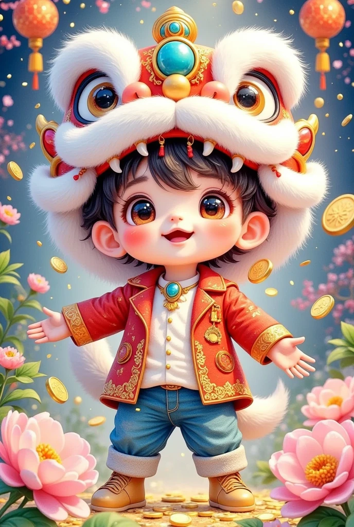 (美丽的男孩头上戴着中国Lion hat特写)，Lion hat， cute faces，Open your arms， Rain of coins in the air。Flowers，