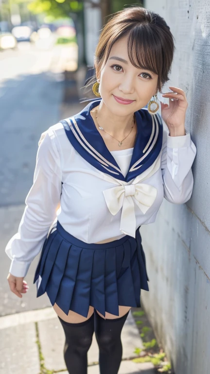 full body shot, from below,  Japanese woman with a viewing angle of,  detailed face , Facial wrinkles, Wrinkles around the eyes, smile,  Detailed Skin Textures ,  white skin,  heavy makeup ,  long hair , (curvy body, saggy breasts,  plump thighs), (earrings,  necklace, school uniform, sailor uniform, sailor collar, sailor collar ribbon,  navy blue pleated mini skirt:1.2), (black thighhighs,  is wearing high heels:1.2), (Standing on the sidewalk,  full body shot from toe to head wearing black high heels:1.2), (surrealism, best quality, ultra detailed, absolutely resolution, 8k, anatomically correct), depth of field, looking at viewer, tachi-e, (kz), (1woman), full body,  detailed face , arms up
