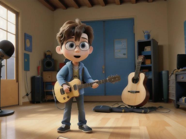 Create a boy with curly hair wearing black glasses wearing a black shirt black pants and white sneakers playing a black guitar in the background of a church 
