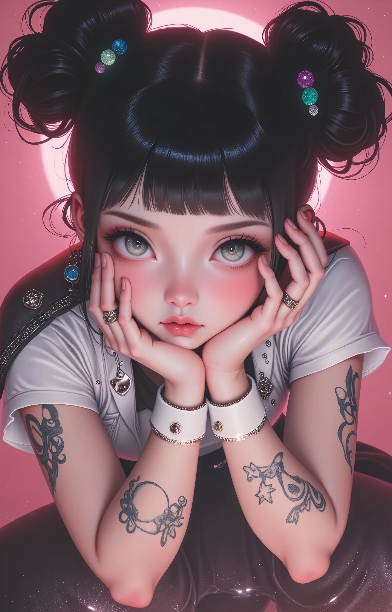  a close up of a girl with tattoos is on her arms,  straight bangs shiny black hair ,  colored sequins on the sides ,  round cufflinks ,  she is crouched with her elbows resting on her knees ,  she wears both hands on the sides of her face ,  head slightly tilted down she wears rings ,  has a tattoo of stars on one of her cheeks ,  false eyelashes , light eyes,  pink cheeks , EMMO style , Dark, pink background,  digital art by Hikari Shimoda  ,  trend on CGSociety, pop surrealism,  low quality pop surrealism , pop surrealism low quality art style, Beeple y Jeremiah Ketner,  Japanese pop surrealism , cute kawaii, low quality art, detailed art work,  artwork in the style of Guweiz,  surrealist pop art style 