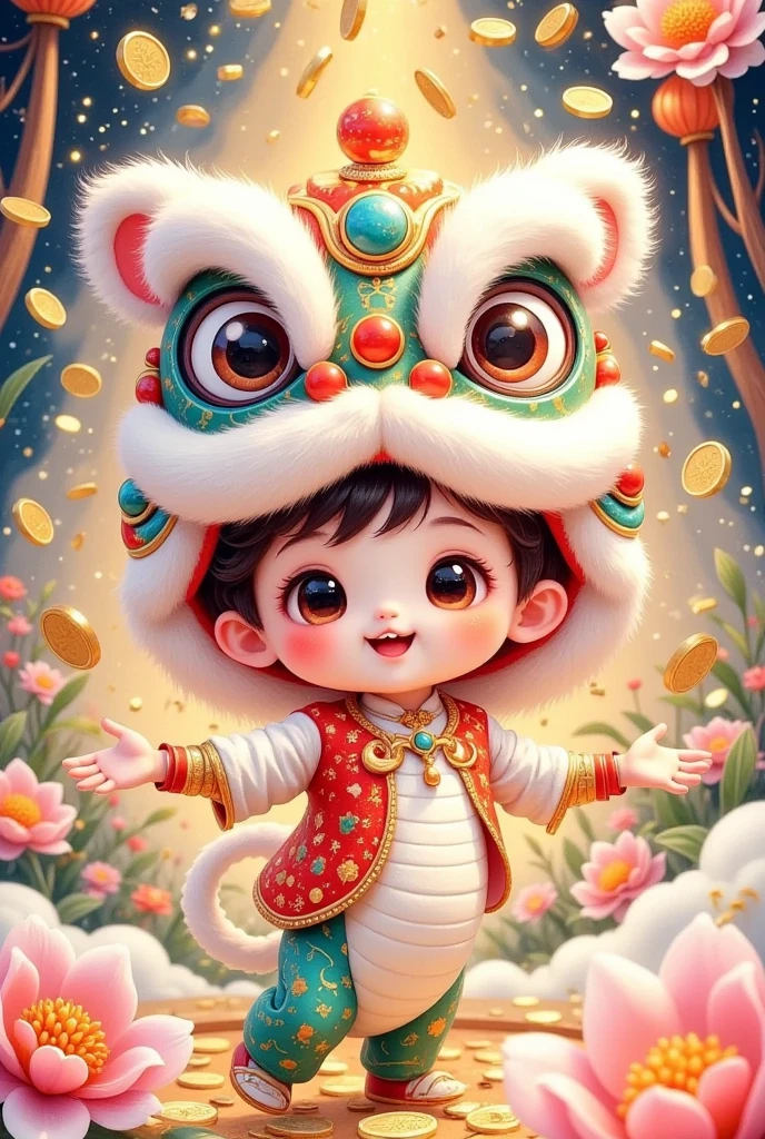 (美丽的男孩头上戴着中国Lion hat特写)，Lion hat， cute faces，Open your arms， Rain of coins in the air。Flowers，