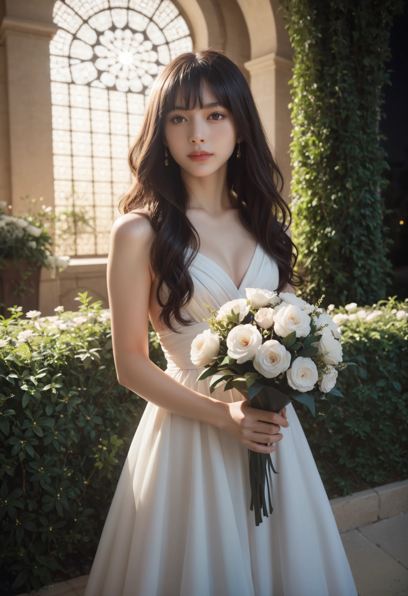 a beautiful Egyptian girl in a garden at night, moonlight, 8k, best quality, highly detailed, photorealistic, dramatic lighting, intricate background, elegant dress, long flowing hair, serene expression, holding a bouquet of flowers