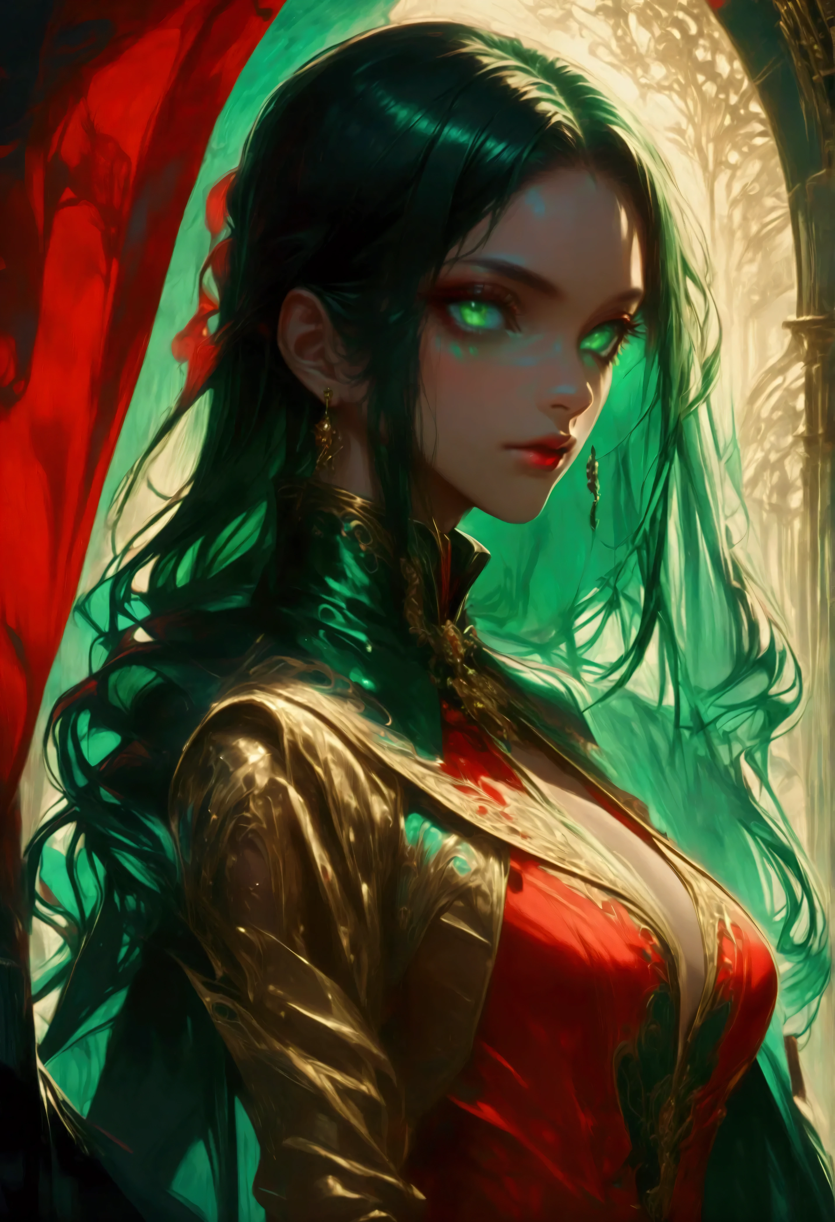 score_9, score_8_up, score_7_up, score_6_up, score_5_up, score_4_up, Arafed, a portrait of an vampire woman, exotic beauty, long hair, dynamic color, (emerald green eyes), dark red lips, glamour shot, she wears an (red: 1.3) elegant suit, high heel boots, full body shot, 16k, ultra detailed, masterpiece, best quality, (extremely detailed), arafed, dnd art Cinematic Shot