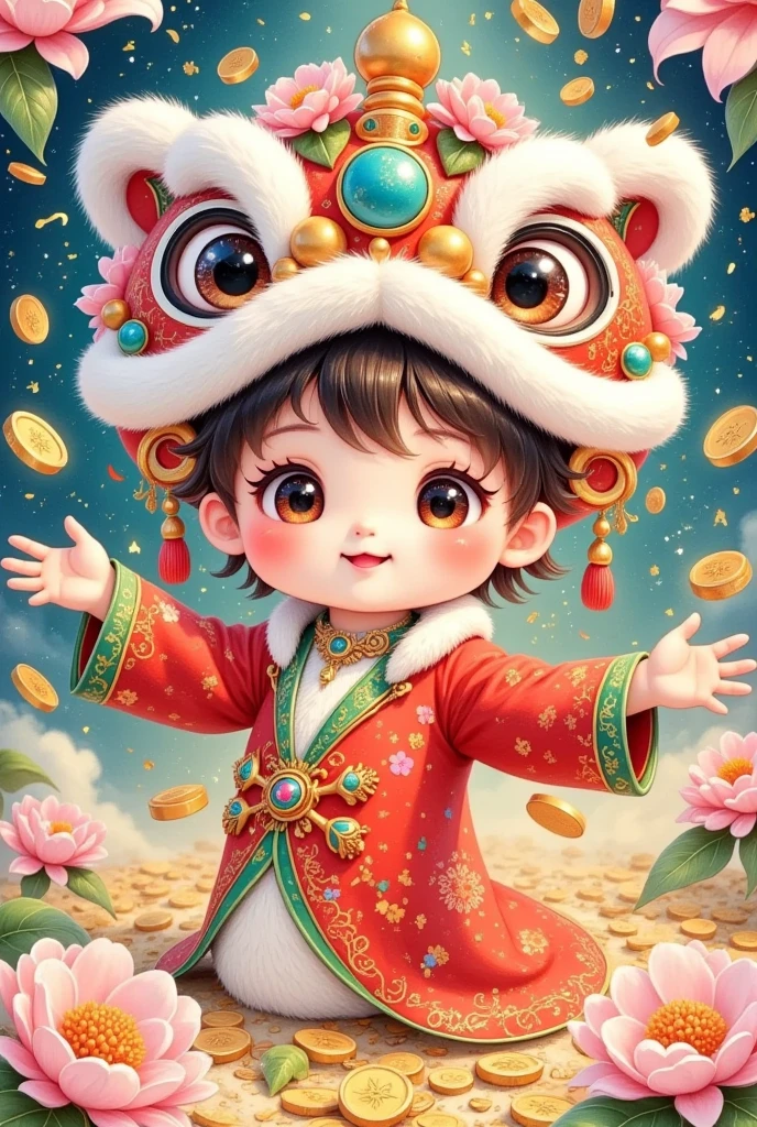 (美丽的男孩头上戴着中国Lion hat特写)，Lion hat， cute faces，Open your arms， Rain of coins in the air。Flowers，