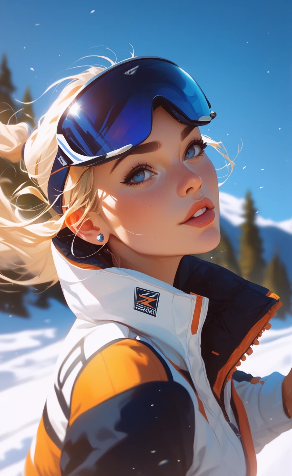 (fullbody), lotus pose,tropical background, ((girl in Blue zipped up down winter jacket and black turtleneck )) and (jeans) and blue gloves and (((blue winter hat)))) in a lotus pose, adult, [Nordic], Hourglass elongated fitness body, perfect Olive skin, Oval Face, Long neck, Rounded shoulders, perfect hand, Attached Pointed ears, round forehead, (Short blonde Waves pixie hair), snub nose, Arched eyebrows, ((Monolid blue Eyes)), High Round Narrow cheekbones, Dimpled Cheeks, Rounded Chin, Rounded Jawline, Full nude Lips, (blue eyes), Nude Makeup Look, long eyelashes, third breast size, long slim fitness legs, graphic style of novel comics, perfect hands, 2d, 8k, hyperrealism, masterpiece, high resolution, best quality, ultra-detailed, super realistic, Hyperrealistic art, high-quality, ultra high res, highest detailed, lot of details, Extremely high-resolution details, incredibly lifelike, colourful, soft cinematic light,