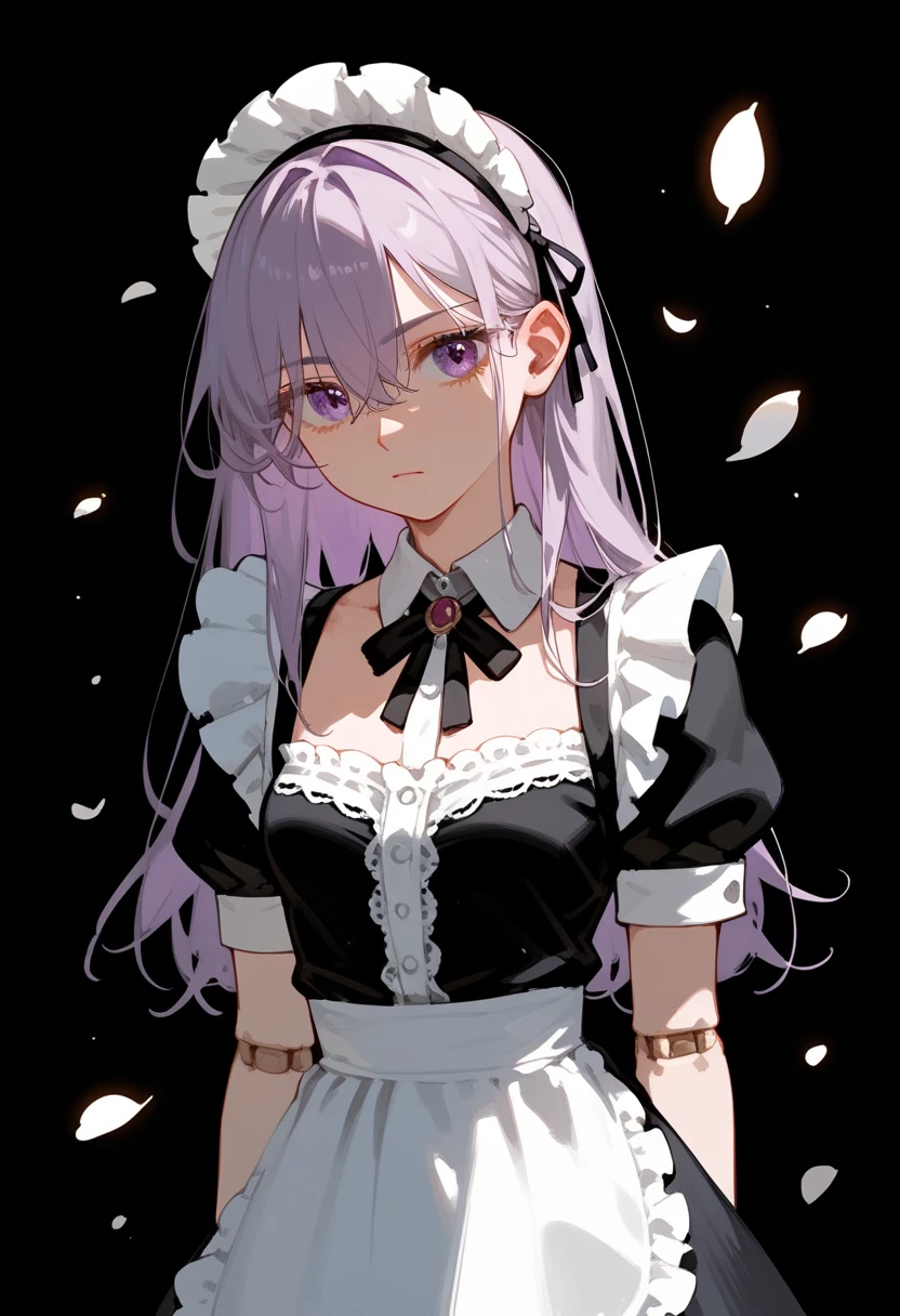 (Score _9, Score _8_climb, Score _7_climb), 1 girl, Upper part, Maid outfit,  with irrational long hair,  Light Purple Hair,  Long bangs ,  hair between eyes, Eyes that can be seen through hair, conjunctivitis,  doll joints , Viewing Audience, neutral, Inexpressive , Small breasts, stand,  arms on the sides ,  Tilt your head,  black background,  simple background