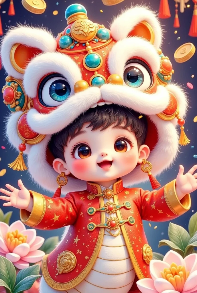 (美丽的男孩头上戴着中国lion hat特写)，lion hat， cute faces，Open your arms，New Year's costume， Rain of coins in the air。Flowers，