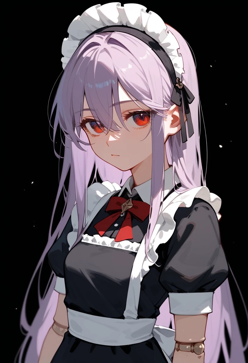 (Score _9, Score _8_climb, Score _7_climb), 1 girl, Upper part, Maid outfit,  with irrational long hair,  Light Purple Hair,  Long bangs ,  hair between eyes, Eyes that can be seen through hair, conjunctivitis,  doll joints , Viewing Audience, neutral, Inexpressive , Small breasts, stand,  arms on the sides ,  Tilt your head,  black background,  simple background, in red eyes 