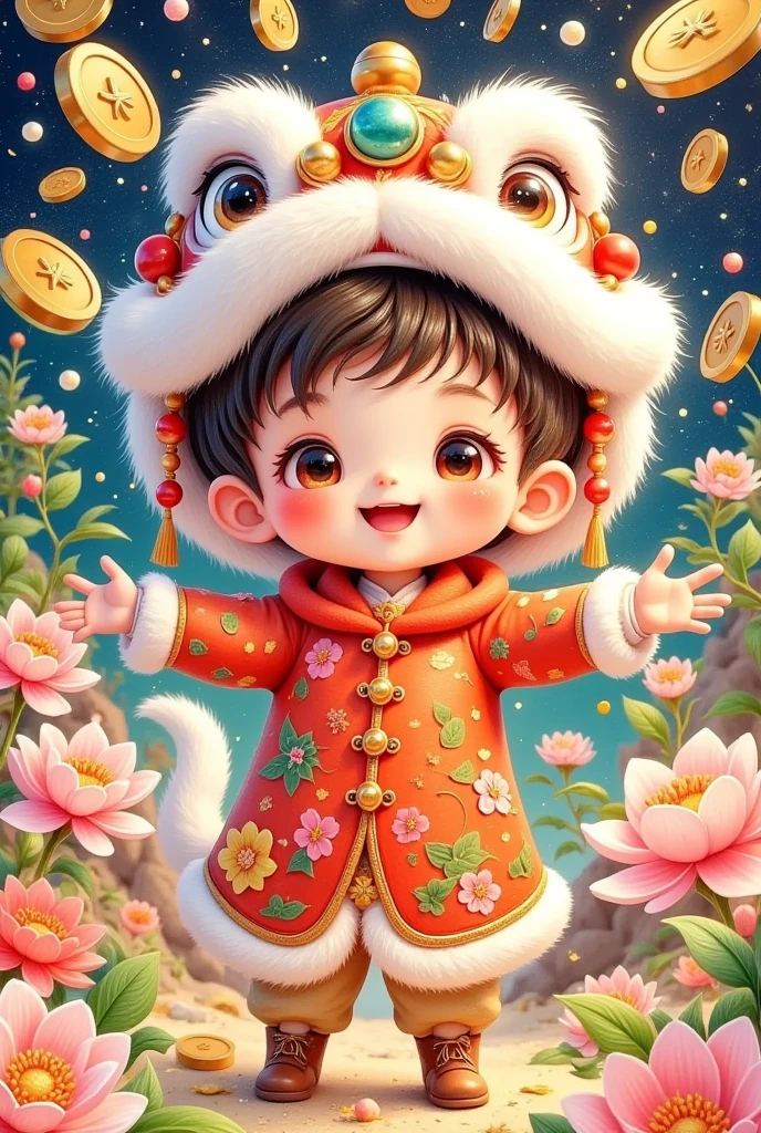 🐍，(美丽的男孩头上戴着中国lion hat特写)，lion hat， cute faces，Open your arms， Rain of coins in the air。Flowers，