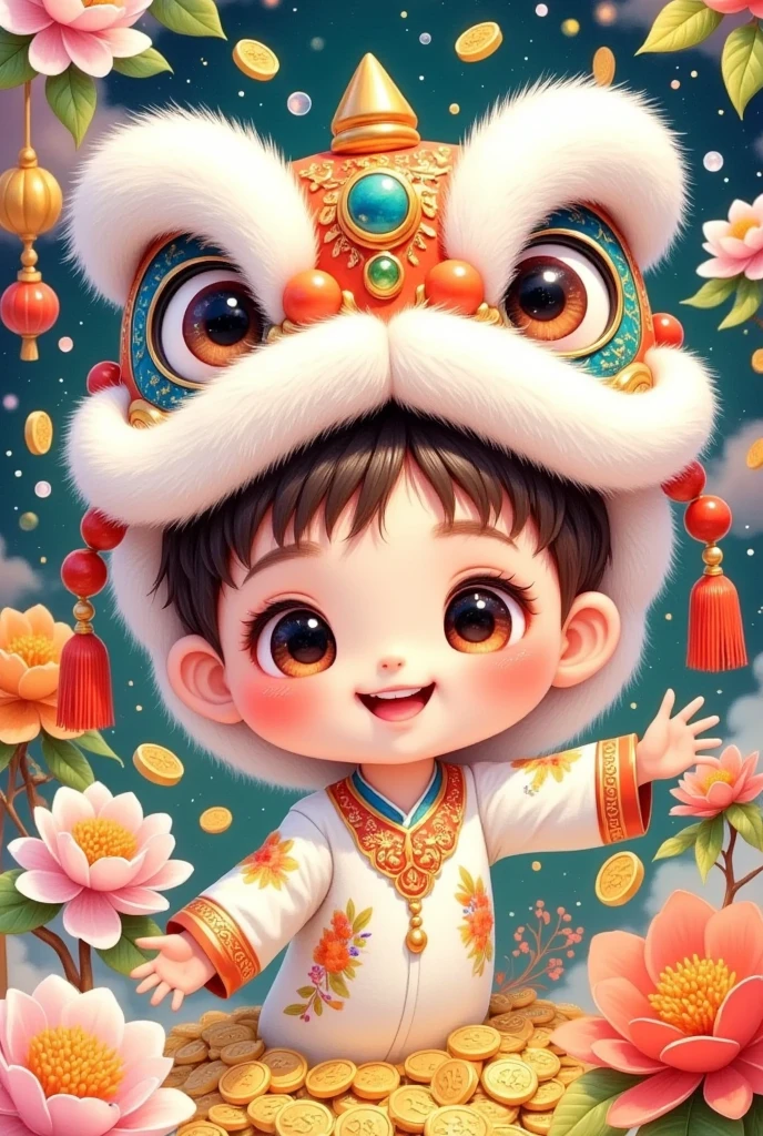 (美丽的男孩头上戴着中国lion hat特写)，lion hat， cute faces，Open your arms，New Year's costume， Rain of coins in the air。Flowers，