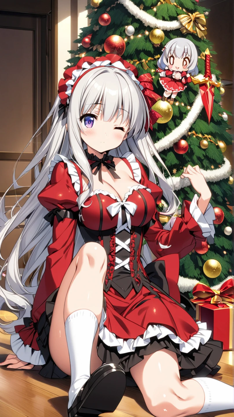 red_hair, demon horns, long hair, Santa dress,santa hat,shackles, mini skirt, gift