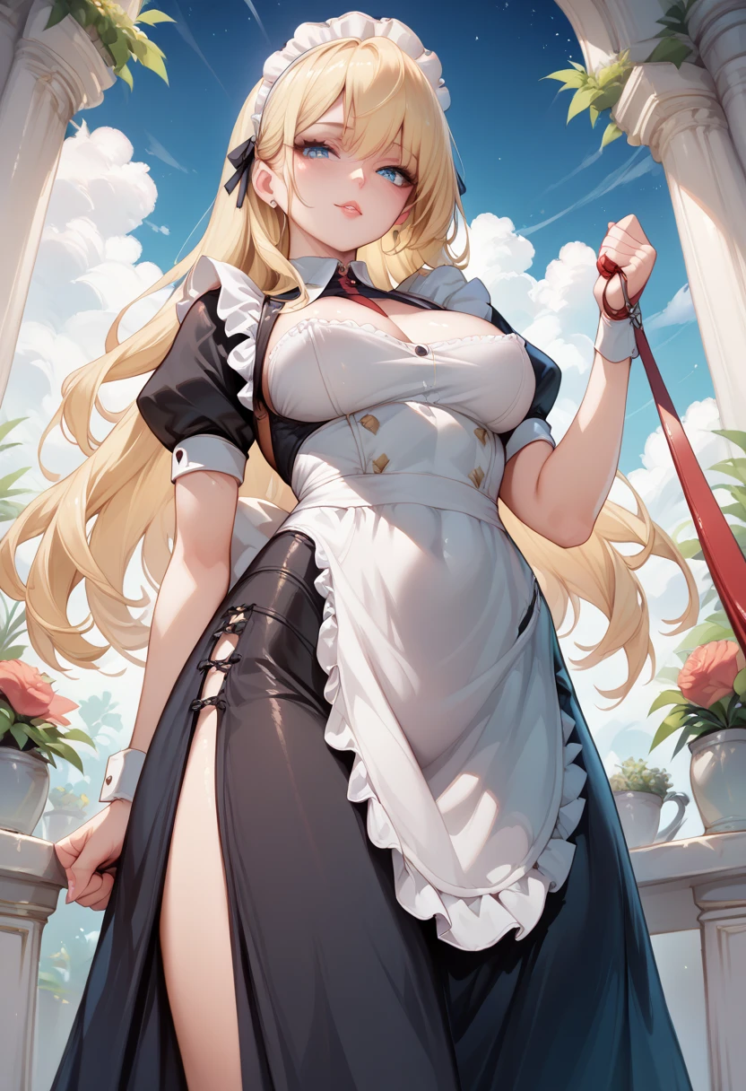  beautiful long blonde　maid, maid apron, maid headdress, puffy sleeves　Garden at Night　 whole body　 Viewer on Leash　CHAIN LEASH　PULL LEASH　 low angle　 Long Skirt