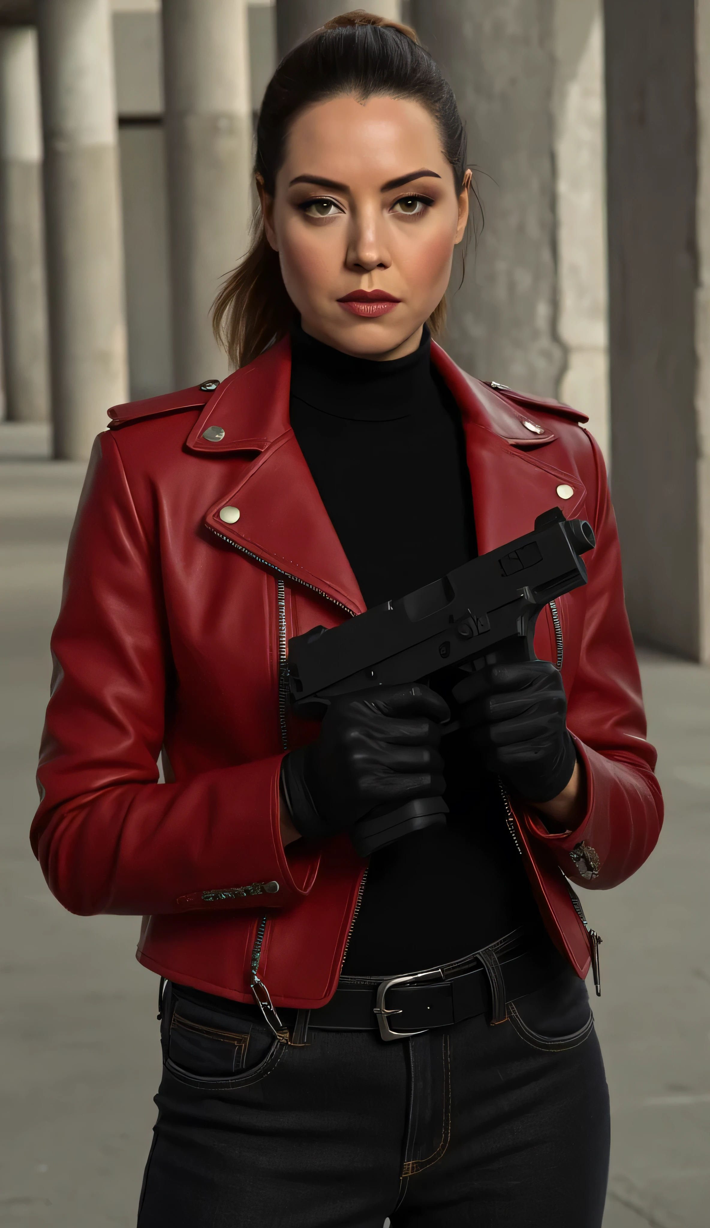 beautiful detailed photograph, confident female, serious determined expression, sleek red leather jacket, black turtleneck, tactical black gloves, dark jeans, belt, professional stylish aura, holds a modern black handgun with both hands, hair neatly tied back in a low ponytail, unfinished building background, neutral tone, cinematic, sharp details, dramatic lighting, w4rh4mm3r style oil painting