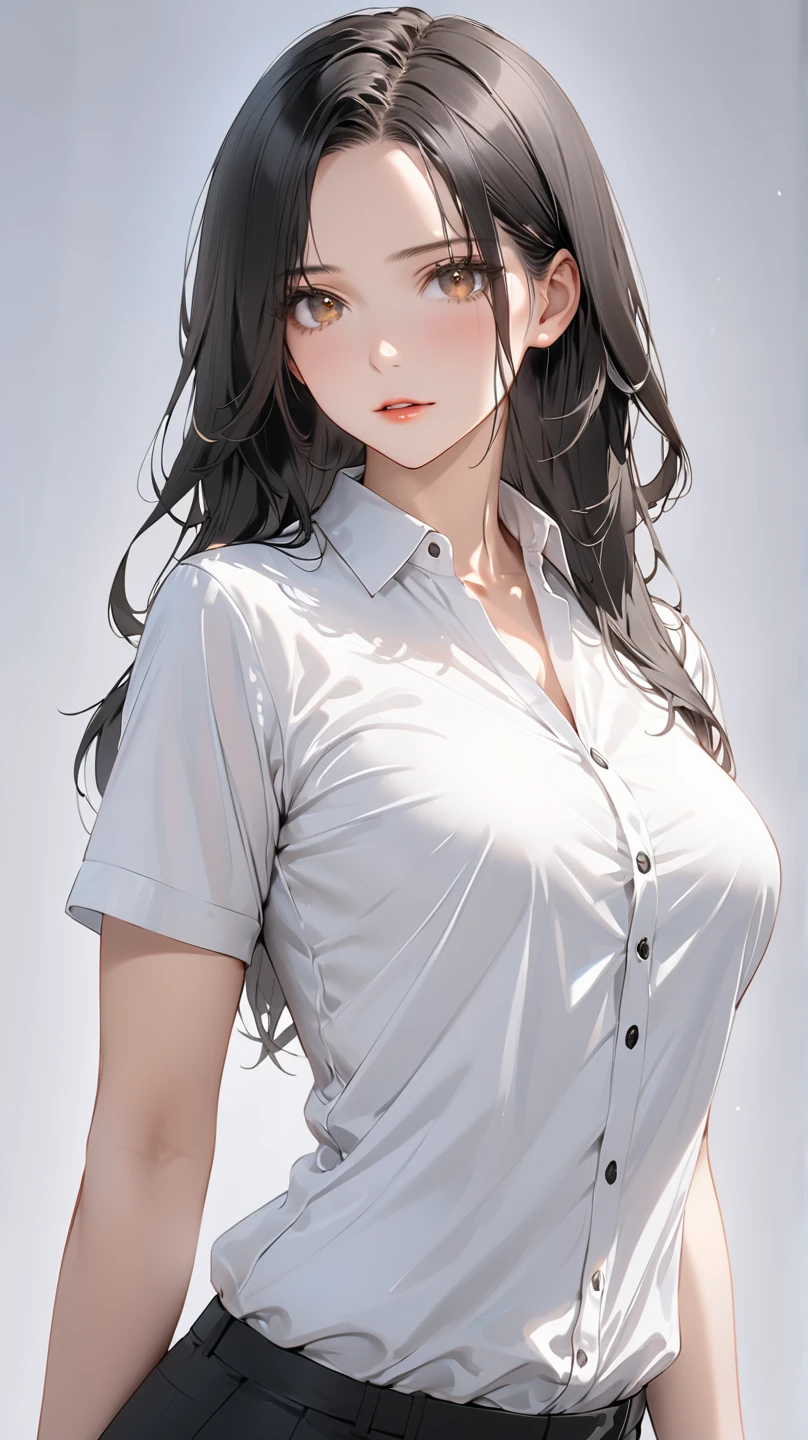 full body display, semi realistic, Masterpiece, Master work, perfect , 4k, 1woman, mature body, slim body, medium size breast, straight half body long hair, middle parted hair style, large forehead, black colored hair, pointed eyes, golden eyes, NO expression face, parted lips, calm expression face, wearing buttoned shirt, short sleeves, wearing formal pants, standing pose, white background,  high res, ultrasharp, 8K, masterpiece, looking at the viewer (masterpiece), best quality, expressive eyes, perfect face