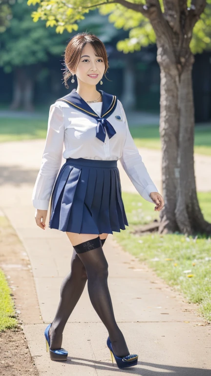 full body shot, from below,  Japanese woman with a viewing angle of,  detailed face , Facial wrinkles, Wrinkles around the eyes, smile,  Detailed Skin Textures ,  white skin,  heavy makeup ,  long hair , (curvy body, saggy breasts,  plump thighs), (earrings,  necklace, school uniform, sailor uniform, sailor collar, sailor collar ribbon,  navy blue pleated mini skirt:1.2), (black thighhighs,  is wearing high heels:1.2), (Walking in the park,  full body shot from toe to head wearing black high heels:1.2), (surrealism, best quality, ultra detailed, absolutely resolution, 8k, anatomically correct), depth of field, looking at viewer, tachi-e, (kz), (1woman), full body,  detailed face  