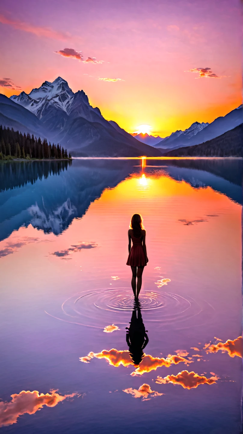 Background: A calm, almost infinite lake with mountains on the horizon. Above the horizon is a surreal sunset filled with clouds and vibrant colors, reminiscent of those seen only during special sunsets. In the foreground: A beautiful woman with her hair tied up, naked, and possessing angelic wings.