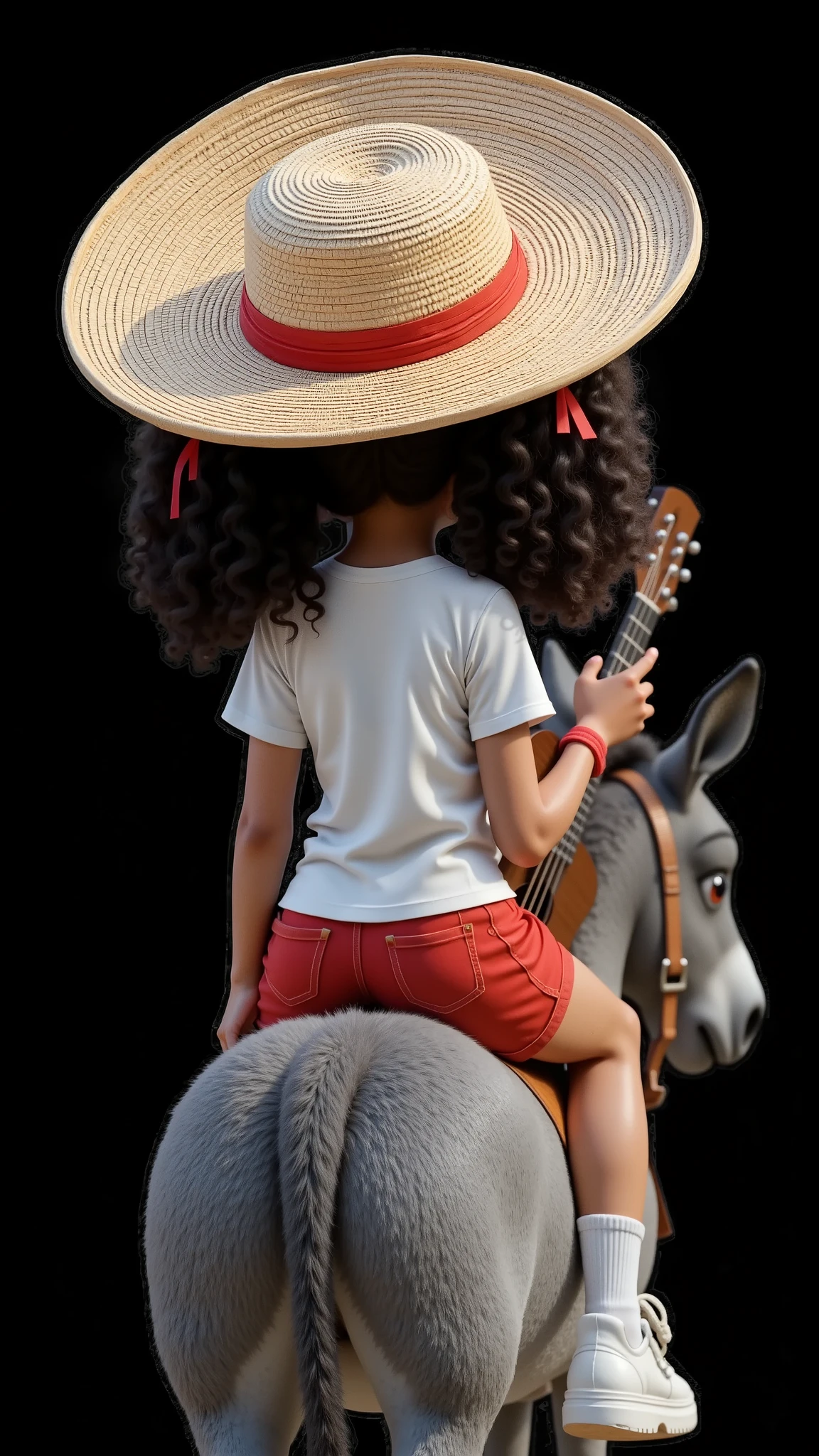 INSPIRED BY THE 3D CHARACTERS OF DISNEY PIXAR, THE IMAGE OF A  GIRL,  GIRL WITH BLACK, CURLY AND RINGY HAIR, TIED IN TWO PONYTAILS WITH RED RIBBONS, WEARING A WHITE T-SHIRT, VERY SHORT RED SHORTS, WHITE SOCKS AND WHITE SNEAKERS, FOCUSED FROM THE BACK SITTING ON A GRAY DONKEY, CARRYING A GUITAR AND A LARGE SUN HAT ON HER BACK, TOTALLY BLACK BACKGROUND TO CUT IN PNG