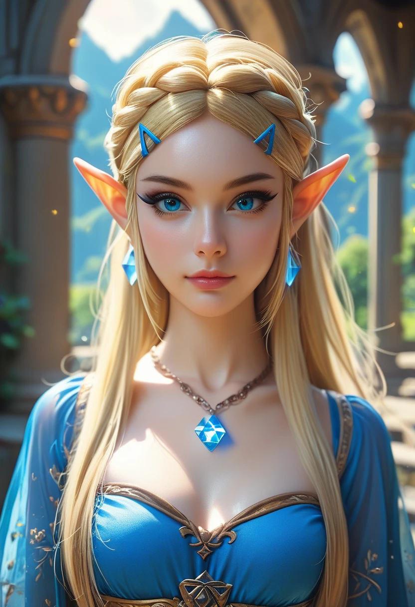 Beautiful elf princess, photoreaistic, young, fair skin, long blonde hair, blue eyes, black eyeliner, fit. Wearing royal blue zelda dress. Japanese castle background. Wearing glowing pendant. Fully body view.