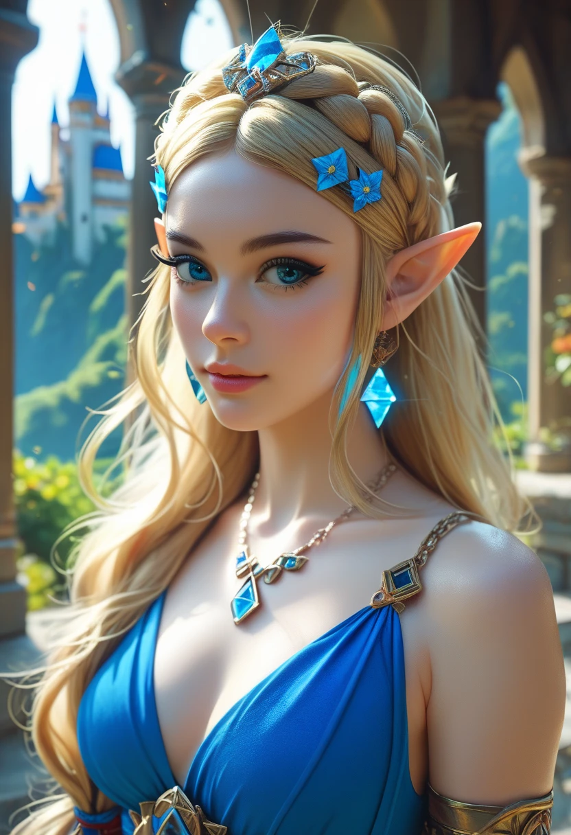 Beautiful elf princess, photoreaistic, young, fair skin, long blonde hair, blue eyes, black eyeliner, fit. Wearing royal blue zelda dress. Japanese castle background. Wearing glowing pendant. Fully body view.