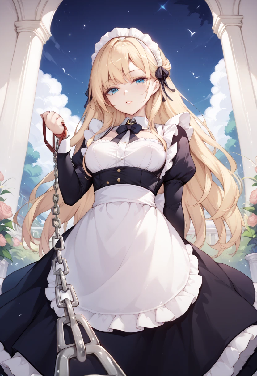  beautiful long blonde　maid, maid apron, maid headdress, puffy sleeves　Garden at Night　 whole body　 Viewer on Leash　CHAIN LEASH　PULL LEASH　 low angle　 Long Skirt