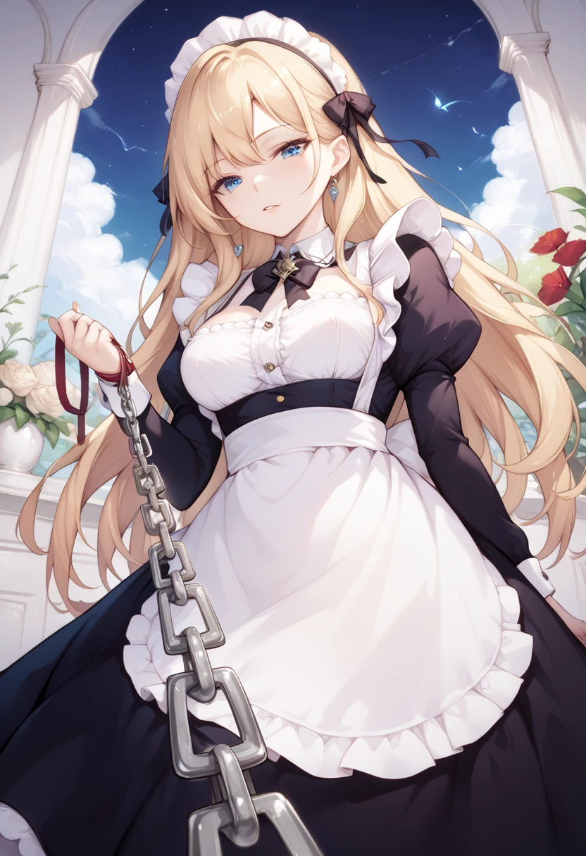  beautiful long blonde　maid, maid apron, maid headdress, puffy sleeves　Garden at Night　 whole body　 Viewer on Leash　CHAIN LEASH　PULL LEASH　 low angle　 Long Skirt