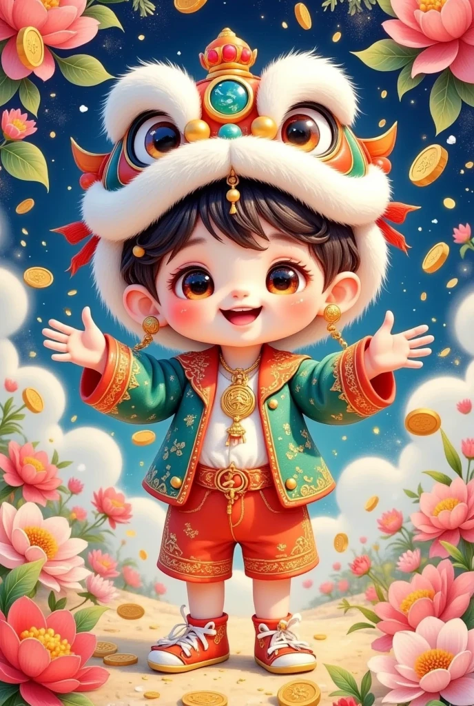 (美丽的男孩头上戴着中国lion hat特写)，lion hat， cute faces，Open your arms， shorts costume，Rain of coins in the air。Flowers，