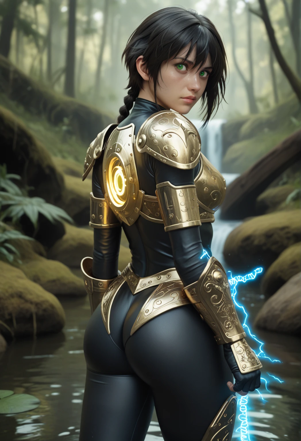tall beautiful and muscular female storm giant with blue black hair in a ponytail and lightning staff, glowing tattoos and pale blue skin wearing revealing steel Armour with legs spread wide, ocean cave background with lightning storm, she has her back to the camera and bending over