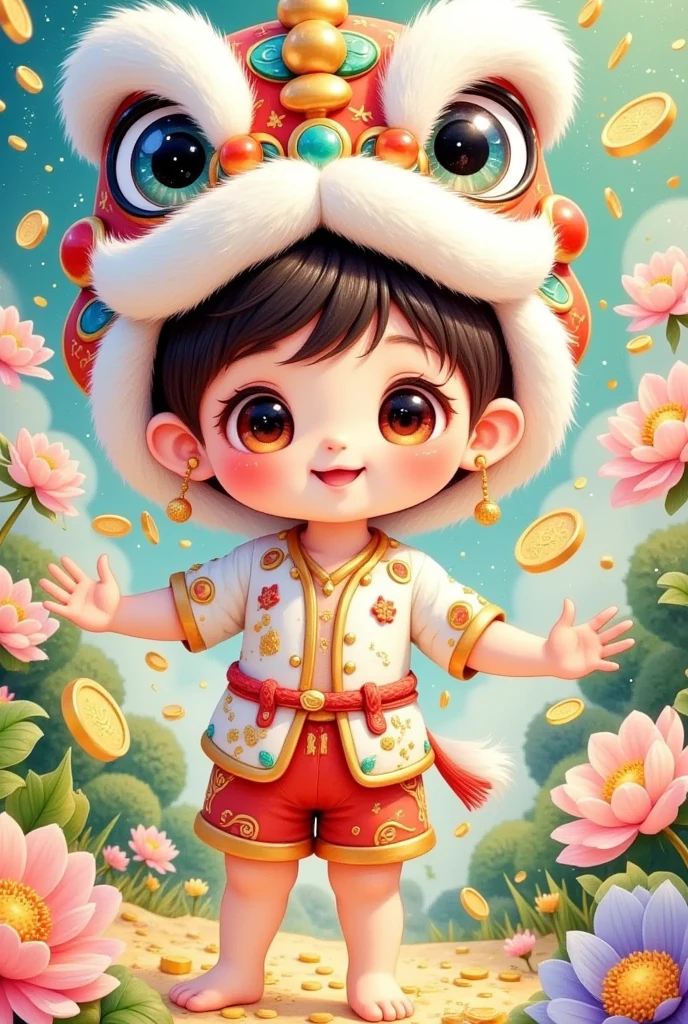 (美丽的男孩头上戴着中国lion hat特写)，lion hat， cute faces，Open your arms， shorts costume，Rain of coins in the air。Flowers，