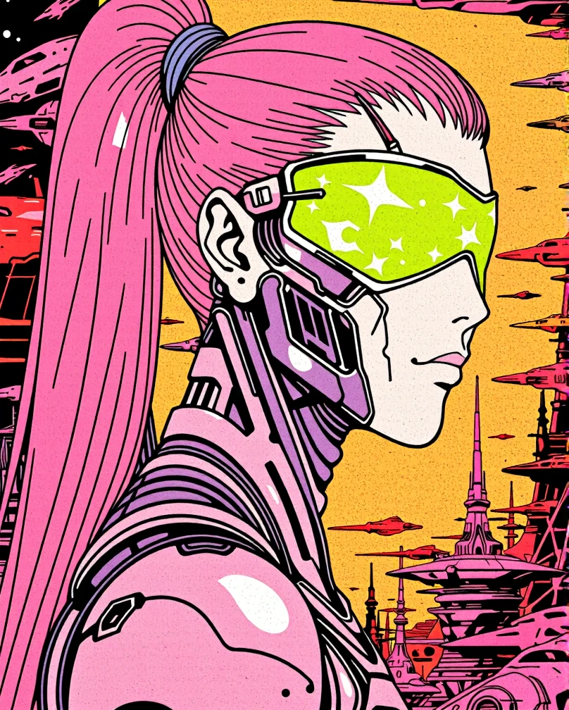 A stunning cyberpunk masterpiece of a Japanese mecha girl, meticulously crafted in the iconic illustrative style of Moebius, her perfect, porcelain face a canvas for a neon pink hairline that sweeps dramatically into a sleek, high ponytail. Her eyes are concealed by an intricate, techno blindfold adorned with splashes of neon lime green, which seems to pulse with the rhythm of an unseen digital symphony. Her body, a mesmerizing monochromatic neon pink, is a harmonious blend of human grace and futuristic robotic precision. The art nouveau influences are evident in the flowing lines and organic shapes that compose her form, giving her an ethereal yet powerful presence. The backdrop is a surreal alien landscape, bustling with a myriad of spaceships and extraterrestrial creatures that dance in the glow of a monochromatic neon pink, orange, and lime green color palette. The scene is framed by a French retro flair, reminiscent of a vintage graphic novel cover, with intricate line work that captures the bizarre and fantastical essence of the setting. The entire composition is a gallery-worthy work of uncanny art, inviting viewers into a realm where sci-fi meets art nouveau in a thrilling symphony of detail and imagination.