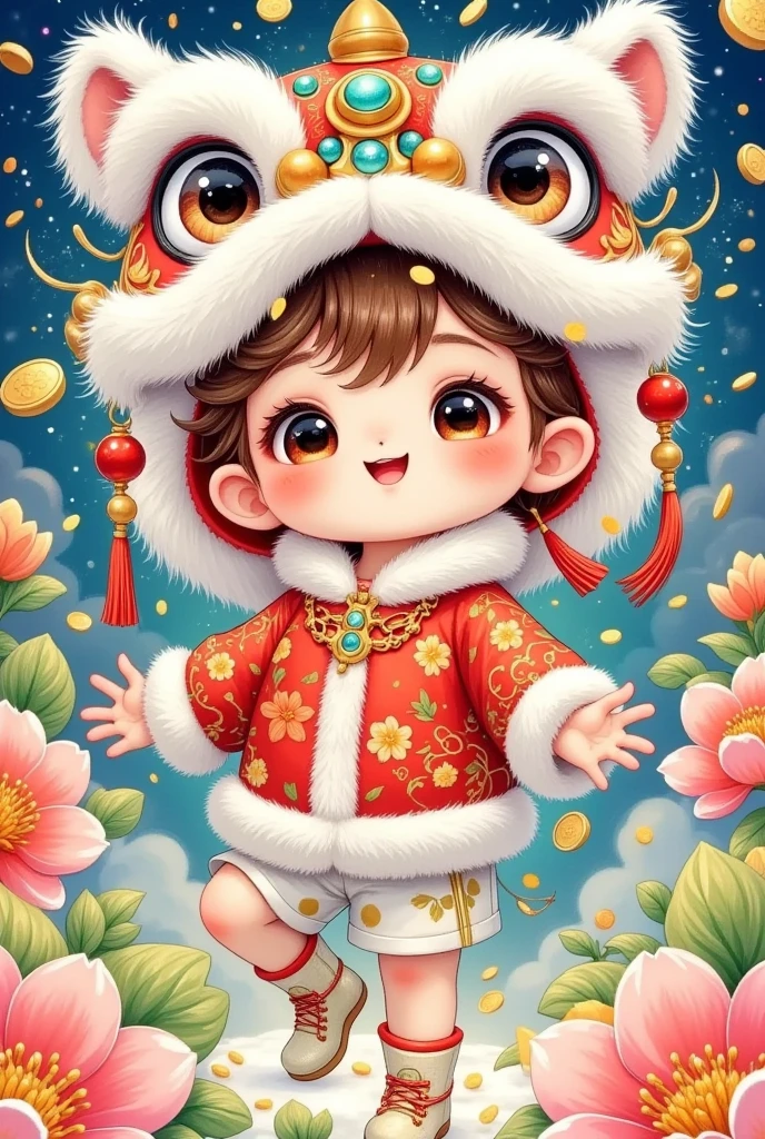 (美丽的男孩头上戴着中国Lion hat特写)，Lion hat， cute faces，Open your arms， winter shorts costume，Rain of coins in the air。Flowers，