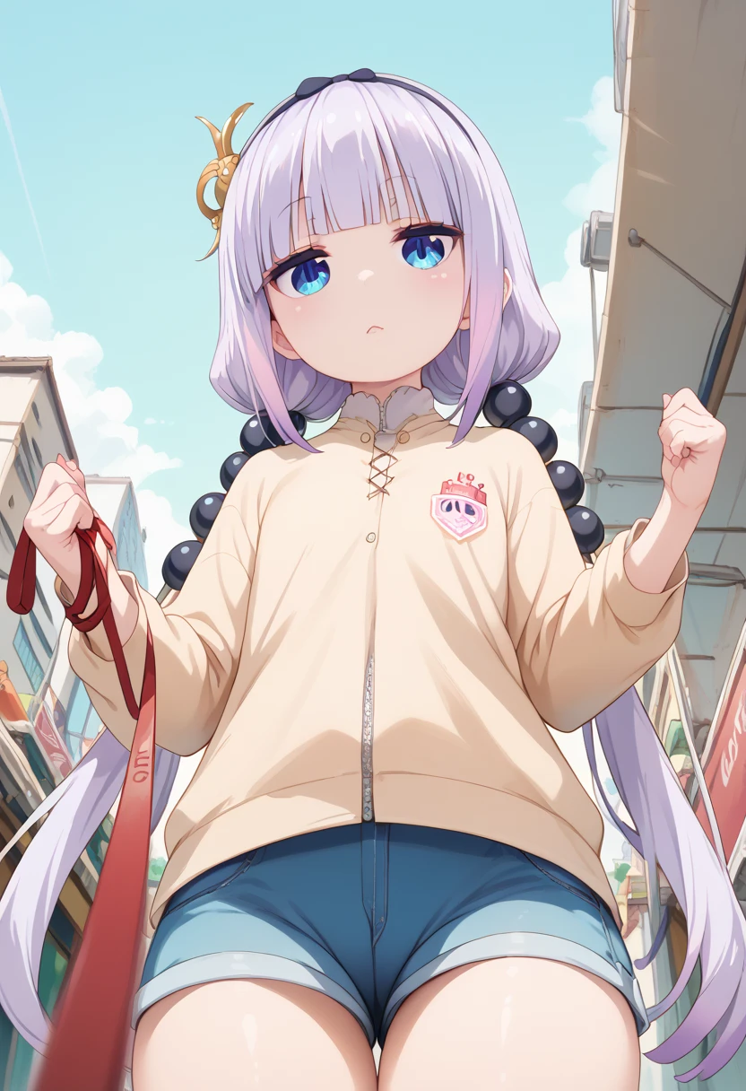 Same with Kamui, long hair, bangs, blue eyes, hair ornament, twintails, blunt bangs, low twintails, light purple hair, beads, dragon girl, hair beads, hairband,　 shameful 　Daytime in the city　 Viewer on Leash　 low angle