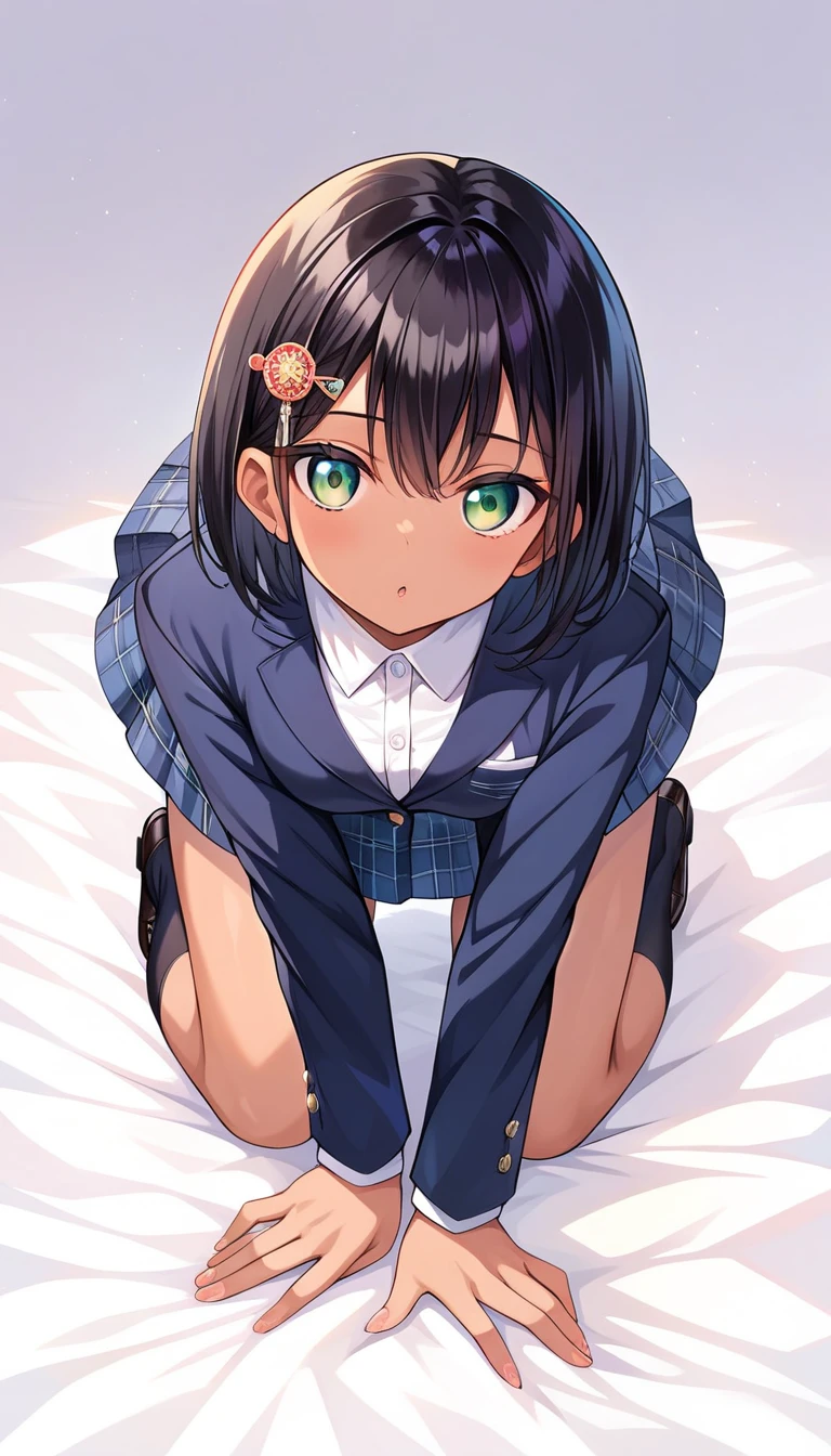 masutepiece, Best Quality,Photorealsitic,NSFW,(Detailed Focus:1.3), (Rin Shibuya, School uniform, Cardigan, neck tie, a necklace,Grey pleated skirt,Longhaire,A dark-haired,Black socks),On the bed in the bedroom,((Lying on your back:1.3)),(Bend your knees and open your legs:1.3) ,Looking at Viewer, Cute, medium breasts, Beautiful detailed eyes, Beautiful detailed skin,embarrassed,A smile:0.6,(Low position shooting 1.4),(Panties close-up:1.4),