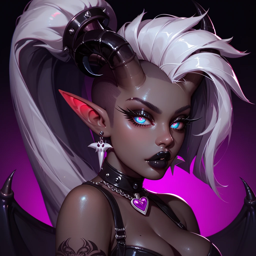 score_9, score_8_up, score_7_up, ((Masterpiece)), ((highres)), ((1girl, solo)), Random poses, beautifully detailed succubus girl, ((white mohawk w/long ponytail)), defined elf ears with ear guages, defined eyes, pastel iris, long eye lashes, defined nose, black lipstick, curvy, (((Black skin))), (((black demon horns))), breasts, night sky, pastel gothic style, gothic style art, gothic asthetic, (((mulitcolored background))), (((bust shot)))