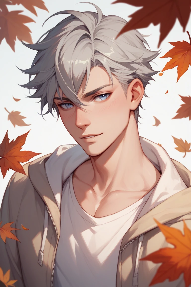 Delicate and ephemeral gray-haired young man and dead leaves