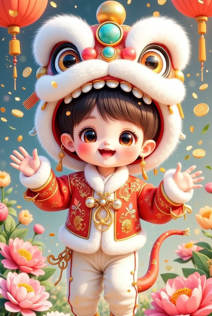 (美丽的男孩头上戴着中国lion hat特写)，lion hat， cute faces，Open your arms， winter shorts costume，shoes，Rain of coins in the air。Flowers，