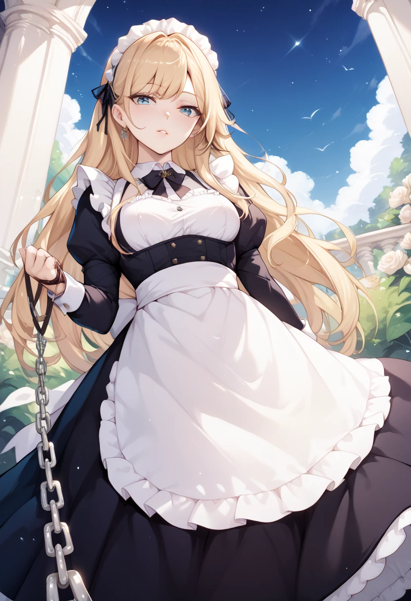  beautiful long blonde　maid, maid apron, maid headdress, puffy sleeves　Garden at Night　 whole body　 Viewer on Leash　CHAIN LEASH　PULL LEASH　 low angle　 Long Skirt　Outdoor