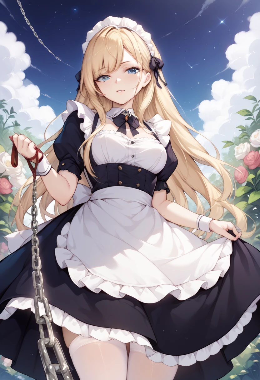  beautiful long blonde　maid, maid apron, maid headdress, puffy sleeves　Garden at Night　 whole body　 Viewer on Leash　CHAIN LEASH　PULL LEASH　 low angle　 Long Skirt　Outdoor