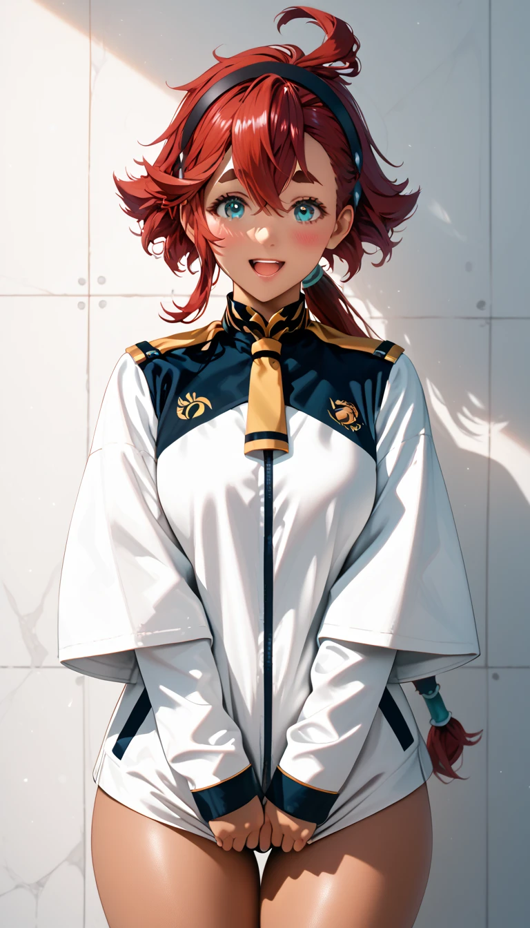 sulleta mercury, ahoge, aqua eyes, black hairband, dark skin, dark-skinned femaile, hair between eyes, hairband, long hair, low ponytail, red hair, swept bangs, thick eyebrows, open mouth, shy smile, Blushing, asticassia school uniform, jacket, long sleeves, school uniform, white jacket, thick thighs, (nsfw), outdoor,
((ultra-detailed)), (((high dynamic range lighting))), (((masterpiece))), (best quality), highly quality, intricate details, (extremely detailed CG unity 8k wallpaper)), best shadow, ((extremely detailed fine touch)), (high resolution), (8K), (extremely detailed), (4k), (pixiv), perfect face, nice eyes and face, (super detailed), detailed face and eyes, textured skin,