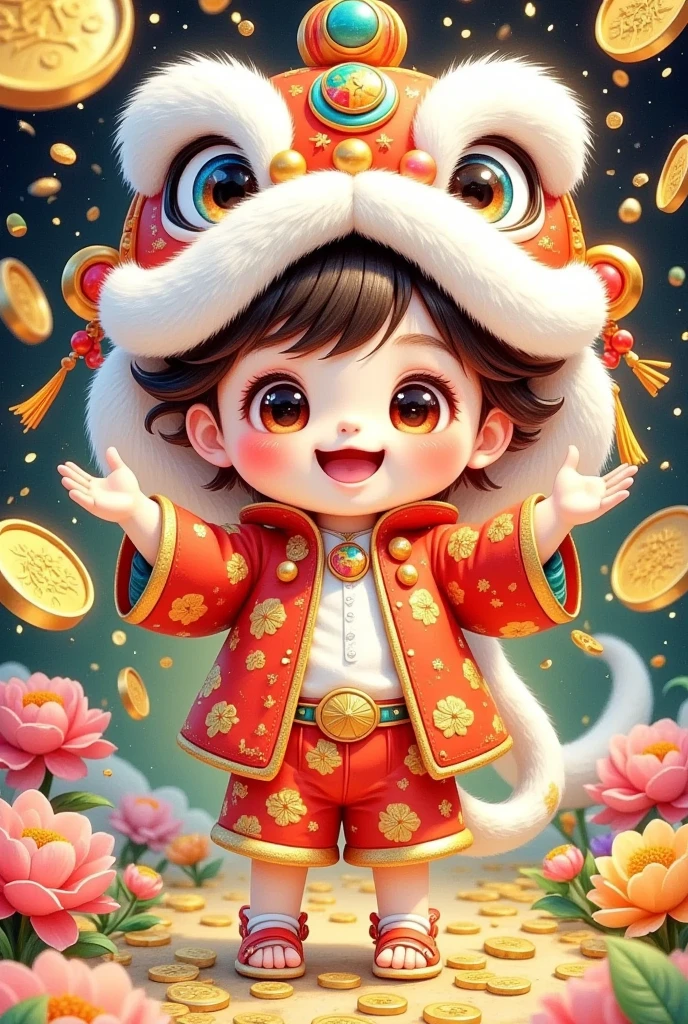 (美丽的男孩头上戴着中国lion hat特写)，lion hat， cute faces，Open your arms， shorts costume，Rain of coins in the air。Flowers，