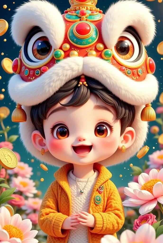 🐍，(美丽的男孩头上戴着中国Lion hat特写)，Lion hat， cute faces，Open your arms， Rain of coins in the air。Flowers，