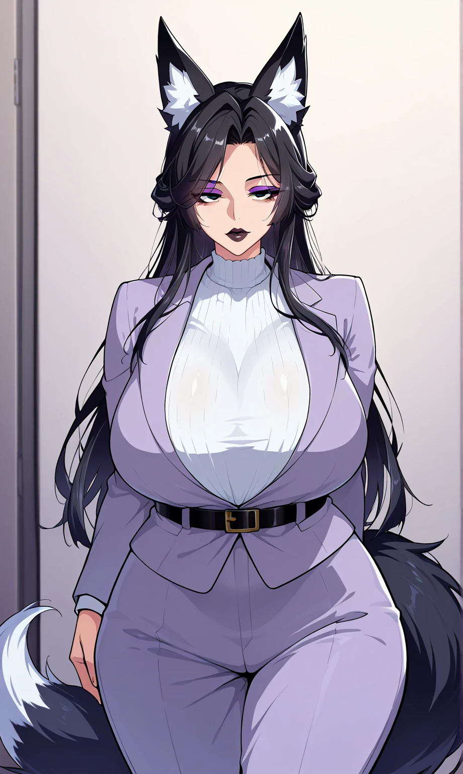 score_9, score_8_up, score_7_up,masterpiece, amazing quality , Wide hips, sensual woman , Mature Women , maternal, Thick lips，belt， long hair, , fox ears， suit ， Dark lips， milf，Black Tail，feixiao-hsr ，Purple Eyeshadow， black hair， big eyes