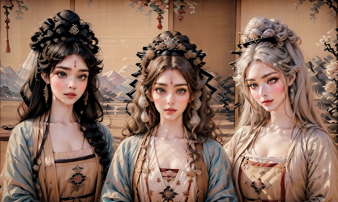 close up. realistic. ((3 unique lovely woman traditional princesses:1.5)), (((each with a unique eye color:1.5))), (((each with a unique natural hair color:1.5))), wearing stunning expensive traditional feminine clothing, ((looking straight at the camera:1.5)).
