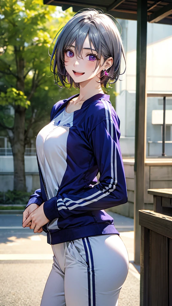 (masterpiece:1.2, top-quality), (realistic, photorealistic:1.4), beautiful illustration, (natural side lighting, movie lighting),
looking at viewer, (breast focus), (from above:1.1), close up,
1 woman, japanese, 22 years old, high school physical education teacher, perfect face, cute and symmetrical face, shiny skin, babyface,
(short hair, shaggy cut, dark silver purple hair), hair between eyes, dark purple eyes, (middle breasts, seductive thighs, big ass), piercings,
beautiful hair, beautiful face, beautiful detailed eyes, beautiful clavicle, beautiful body, beautiful chest, beautiful thigh, beautiful legs, beautiful fingers,
((blue tracksuit, white pants)),
(beautiful scenery), evening, outdoors, walking, (smile, open mouth),