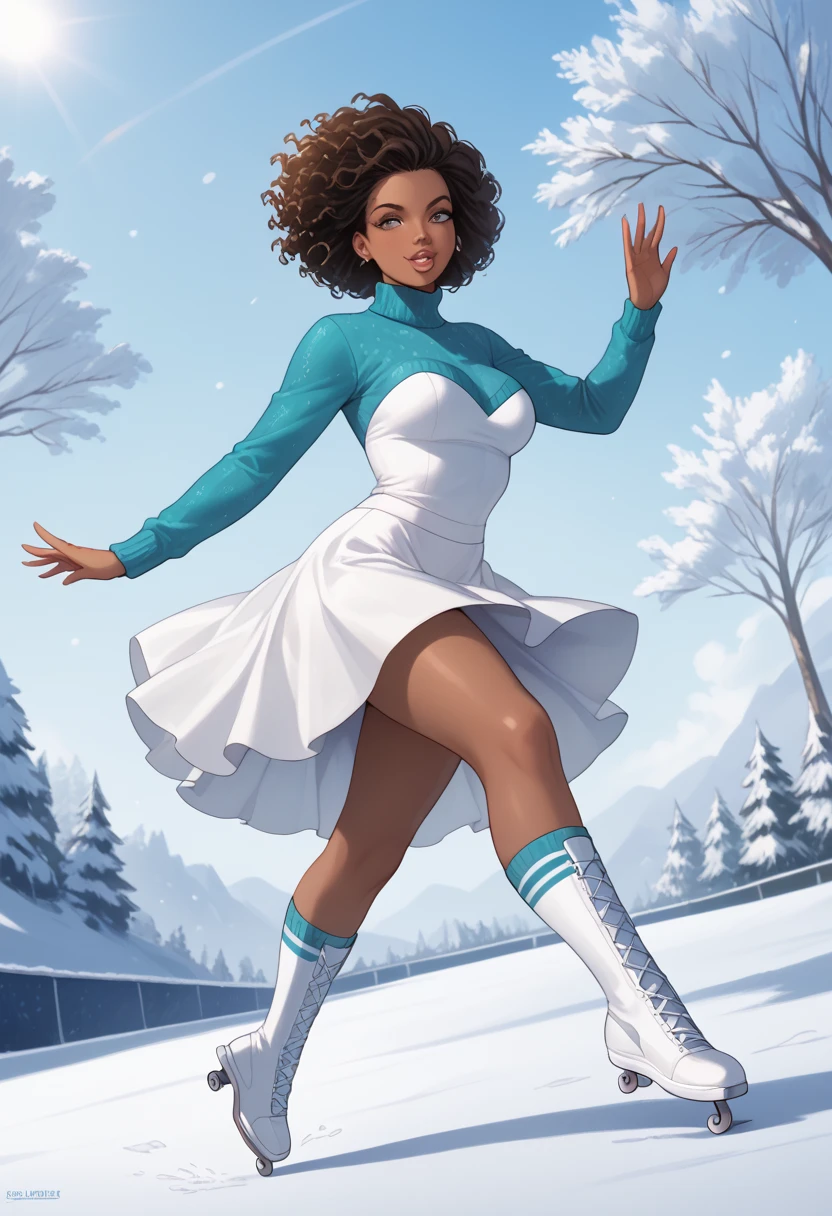 Almond-eyed Dark Mocha-skin tonned African-American woman with SHORT dark curly hair, juicy lips, and a large chest. She is looking seductively  , she is wearing a sweater dress and ice skates. she is ice skating on a ice rink