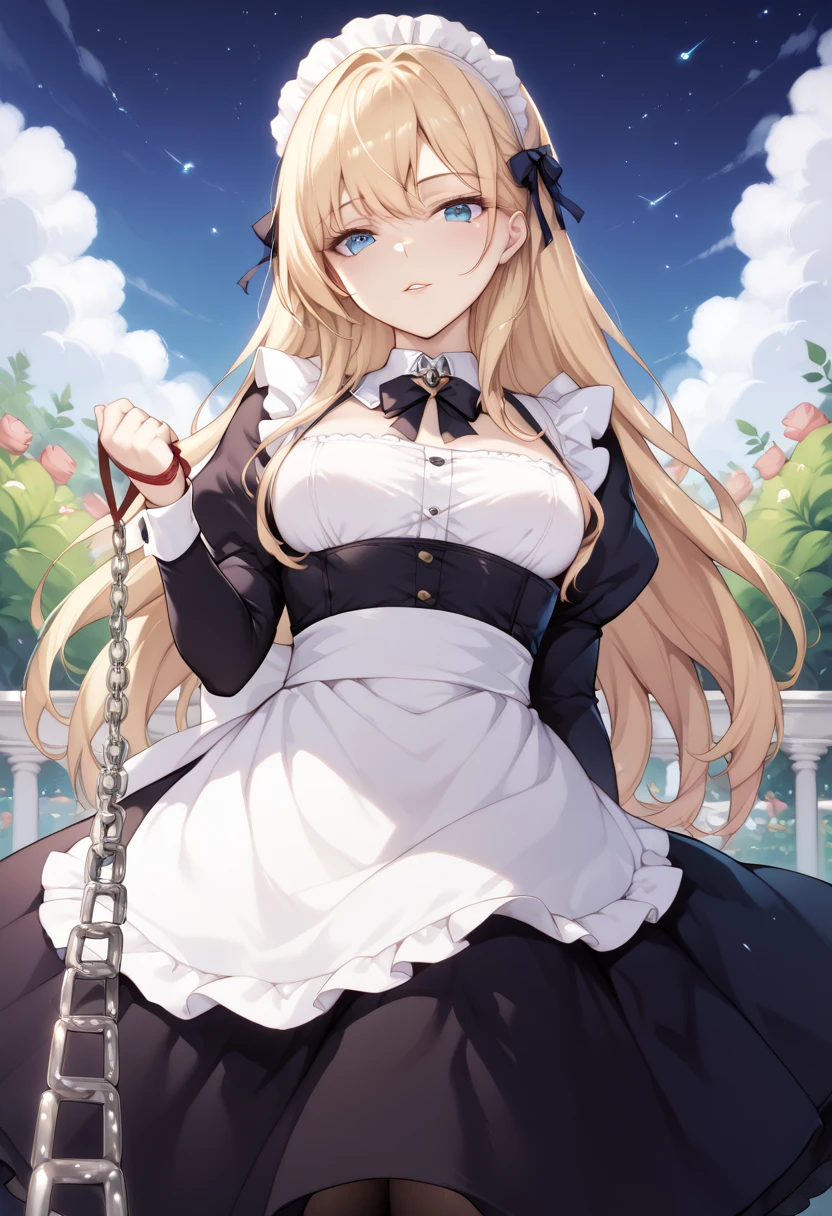  beautiful long blonde　maid, maid apron, maid headdress, puffy sleeves　Garden at Night　 whole body　 Viewer on Leash　CHAIN LEASH　PULL LEASH　 low angle　 Long Skirt　Outdoor