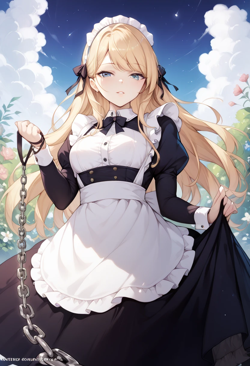  beautiful long blonde　maid, maid apron, maid headdress, puffy sleeves　Garden at Night　 whole body　 Viewer on Leash　CHAIN LEASH　PULL LEASH　 low angle　 Long Skirt　Outdoor