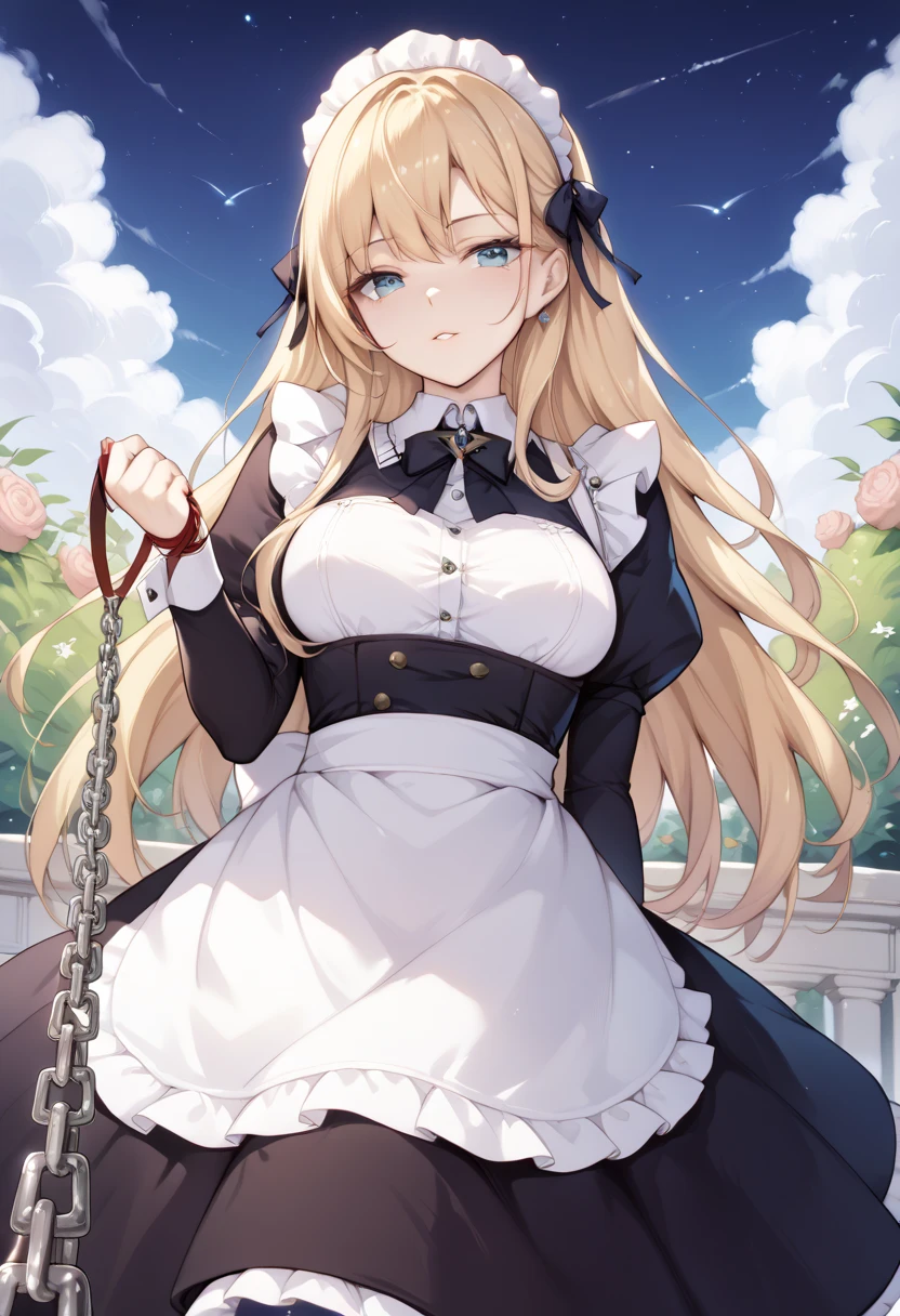  beautiful long blonde　maid, maid apron, maid headdress, puffy sleeves　Garden at Night　 whole body　 Viewer on Leash　CHAIN LEASH　PULL LEASH　 low angle　 Long Skirt　Outdoor